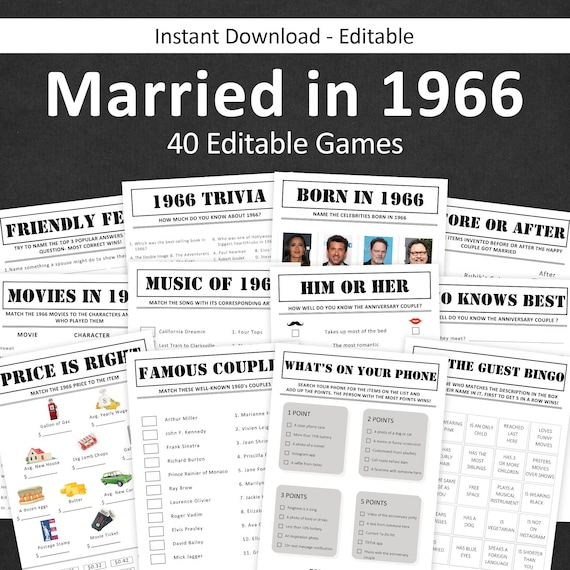 60th Anniversary Games 60th Wedding Anniversary Games 60th Anniversary Party Game Married in 1966 Trivia Quiz Activity EDITABLE Digital