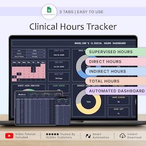 Puede incluir: Un portátil, una tableta y un smartphone muestran un rastreador de horas clínicas. La pantalla muestra un panel con secciones para horas supervisadas, directas e indirectas. El texto "3 pestañas | Fácil de usar" es visible.