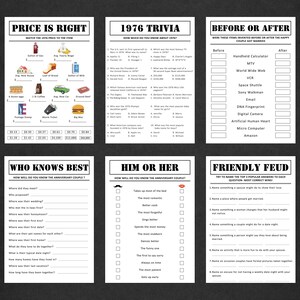 May include: A set of six printable game sheets with black text on a white background. Games include "Price is Right," "1976 Trivia," "Before or After," "Who Knows Best," "Him or Her," and "Friendly Feud."