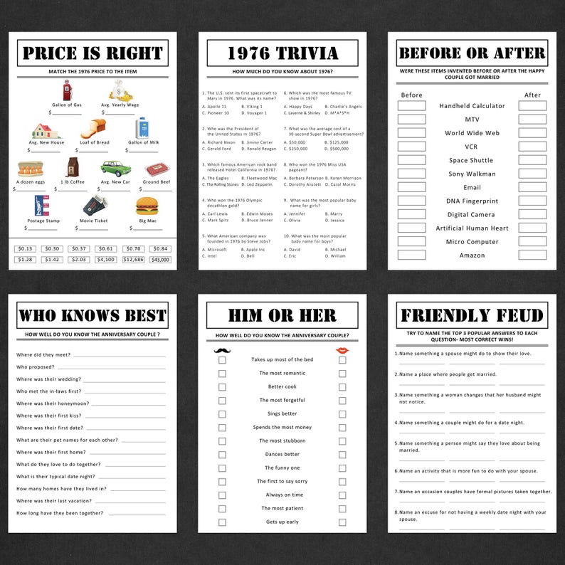 May include: A set of six printable game sheets with black text on a white background. Games include "Price is Right," "1976 Trivia," "Before or After," "Who Knows Best," "Him or Her," and "Friendly Feud."