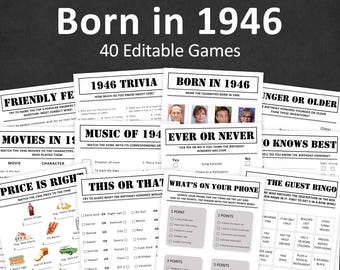 Lot de jeux 80e anniversaire Jeux de fête 80e anniversaire 1946 Anecdotes Né en 1946 80 ans Homme Femme Lui Son Quiz MODIFIABLE Instant Digital