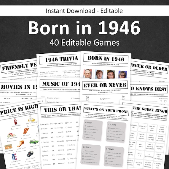 80th Birthday Games Bundle 80th Birthday Party Games 1946 Trivia Born in 1946 80 Year Old Men Women Him Her Quiz EDITABLE Instant Digital