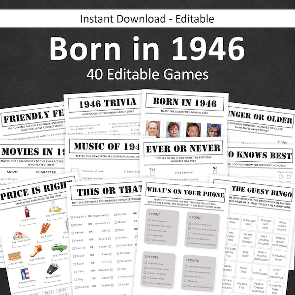 80er Geburtstag Spiele Bundle 80er Geburtstag Party Spiele 1946 Trivia Geboren 1946 80 Jahre alte Männer Frauen Er Her Quiz EDITIERBAR Instant Digital