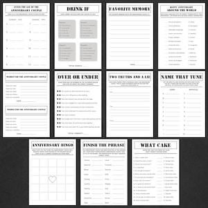 May include: A collection of printable anniversary party games on white paper. Games include "Guess the Age," "Drink If," "Favorite Memory," "Happy Anniversary Around the World," "Wishes," "Over or Under," "Two Truths and a Lie," "Name That Tune," "Anniversary Bingo," "Finish the Phrase," and "What Cake."