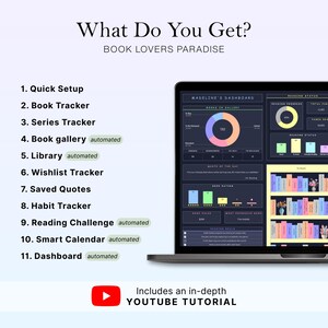 May include: A laptop screen displays a book tracking dashboard with charts and graphs. The text reads "What Do You Get? BOOK LOVERS PARADISE." Features include a book tracker, series tracker, and smart calendar. A YouTube tutorial is included.