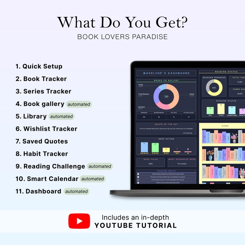 May include: A laptop screen displays a book tracking dashboard with charts and graphs. The text reads "What Do You Get? BOOK LOVERS PARADISE." Features include a book tracker, series tracker, and smart calendar. A YouTube tutorial is included.
