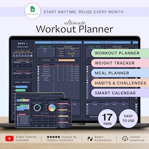 Workout Planner Spreadsheet Exercise Tracker Template Fitness Planner Gym Weight Loss Tracker Weight Lifting Training Pilates Google Sheets