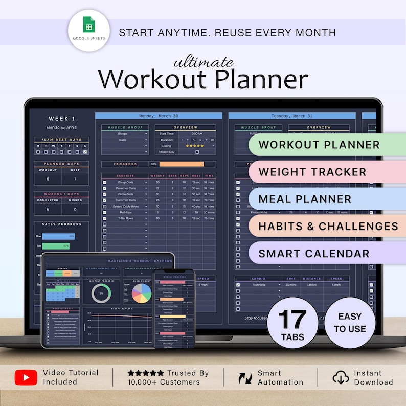 May include: A digital workout planner displayed on a laptop, tablet, and smartphone. The planner includes sections for workout planning, weight tracking, meal planning, habits, and a smart calendar. The image also includes the text "Start Anytime. Reuse Every Month."