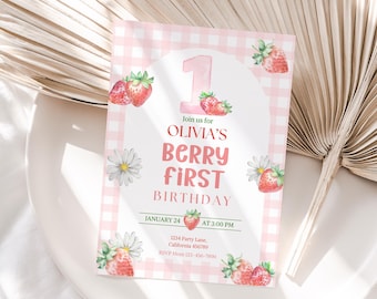 Beere Erste Geburtstagseinladung Erdbeere 1. Geburtstagseinladung Meine Beere 1st Party einladen Beeren Thema ein Mädchen EDITIERBARE S01