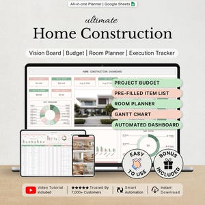 Puede incluir: Un planificador digital de construcción de viviendas para Google Sheets mostrado en un portátil, tableta y teléfono inteligente. La interfaz incluye un panel con presupuesto del proyecto, lista de artículos, planificador y gráficos.