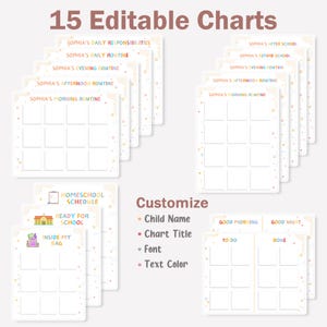 May include: Fifteen customizable printable charts for kids. The charts feature a colorful design with a school theme. The charts are designed for a child's daily routine, including morning, afternoon, evening, and before and after school. The charts are customizable with a child's name, chart title, font, and text color.