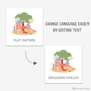 May include: Two square cards with playground illustrations. One card says "PLAY OUTSIDE" and the other says "DRAUSSEN SPIELEN". The cards are connected by an arrow. The text "CHANGE LANGUAGE EASILY BY EDITING TEXT" is also present.