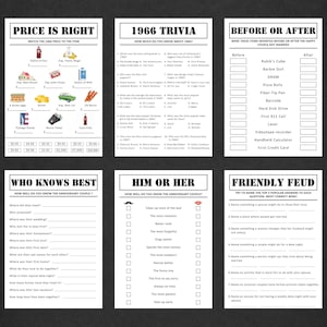 May include: A set of six white paper game sheets with black text. The games include trivia, matching prices, and relationship quizzes. The top of each sheet has a title, and the bottom has blank spaces for answers.