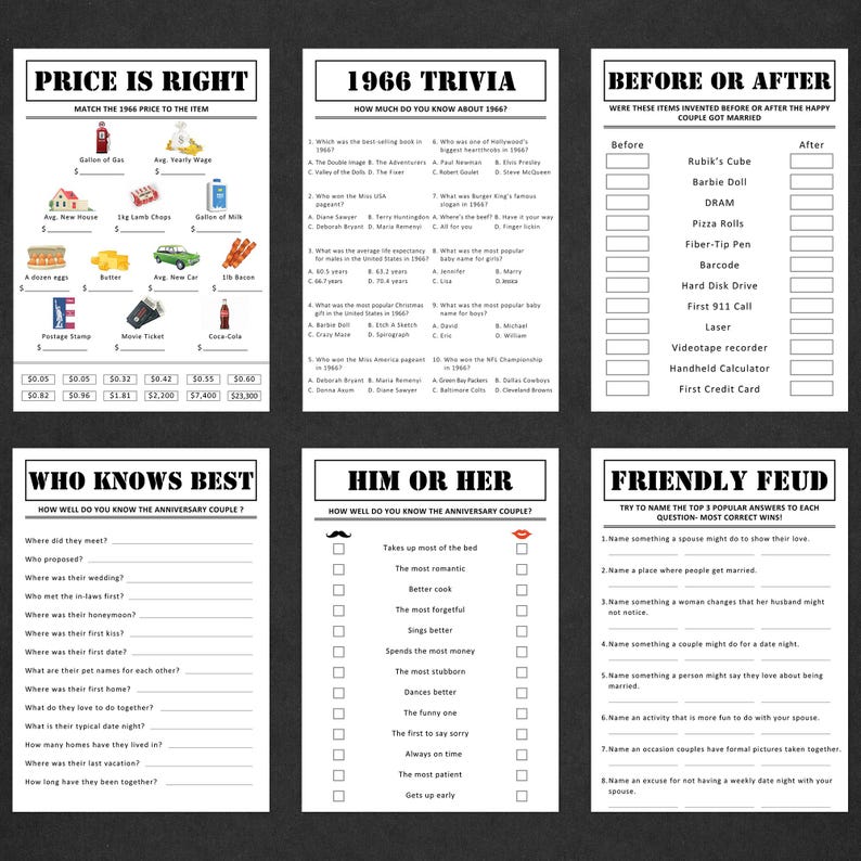 May include: A set of six white paper game sheets with black text. The games include trivia, matching prices, and relationship quizzes. The top of each sheet has a title, and the bottom has blank spaces for answers.