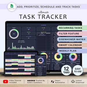Puede incluir: Interfaz de un rastreador de tareas digital que se muestra en una computadora portátil, tableta y teléfono inteligente. El diseño incluye un panel de control, indicadores de progreso y listas de tareas. Incluye un calendario inteligente, filtros y una matriz de Eisenhower.