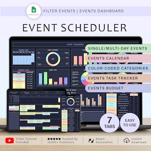Può includere: Dashboard digitale del pianificatore di eventi visualizzato su laptop, tablet e smartphone. L'interfaccia presenta grafici, calendari e categorie di eventi. Il testo include "Event Scheduler", "Single/Multi-Day Events" e "Events Calendar".
