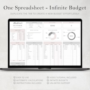 May include: A laptop screen displaying a spreadsheet budget template with the title "One Spreadsheet - Infinite Budget". The spreadsheet is organized into categories such as income, bills, expenses, and debt. The template is designed to help users track their finances and create a budget.