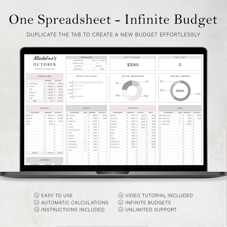 May include: A laptop screen displaying a spreadsheet budget template with the title "One Spreadsheet - Infinite Budget". The spreadsheet is organized into categories such as income, bills, expenses, and debt. The template is designed to help users track their finances and create a budget.