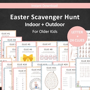 May include: A printable Easter scavenger hunt for older kids with 24 clues. The clues are on pink and blue cards with a variety of puzzles and riddles. The cards feature a bunny rabbit, an egg, and a clock.