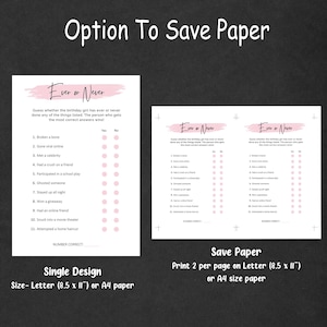 Pode incluir: Um jogo imprim&iacute;vel em preto e branco com o texto "Ever or Never". O jogo inclui uma lista de perguntas com op&ccedil;&otilde;es "Sim" e "N&atilde;o". O texto "Option To Save Paper" est&aacute; no topo.
