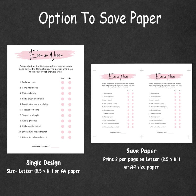 Pode incluir: Um jogo imprim&iacute;vel em preto e branco com o texto "Ever or Never". O jogo inclui uma lista de perguntas com op&ccedil;&otilde;es "Sim" e "N&atilde;o". O texto "Option To Save Paper" est&aacute; no topo.