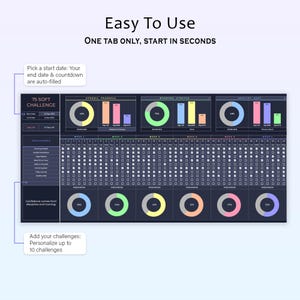 Puede incluir: Interfaz de planificador digital con el texto "Easy To Use" y "One Tab Only, Start in Seconds". Cuenta con rastreadores de progreso, secciones de desaf&iacute;os y la capacidad de agregar hasta 10 desaf&iacute;os. La interfaz es oscura con indicadores de progreso coloridos.