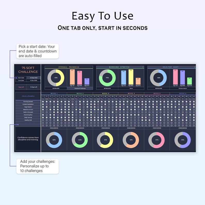 Puede incluir: Interfaz de planificador digital con el texto "Easy To Use" y "One Tab Only, Start in Seconds". Cuenta con rastreadores de progreso, secciones de desaf&iacute;os y la capacidad de agregar hasta 10 desaf&iacute;os. La interfaz es oscura con indicadores de progreso coloridos.