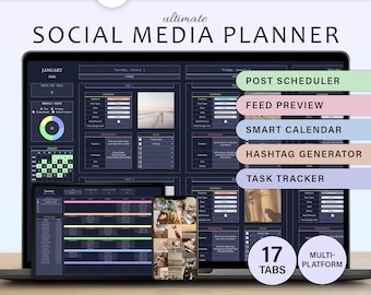 May include: A digital social media planner displayed on a laptop, tablet, and smartphone. The planner includes features like a post scheduler, feed preview, and hashtag generator. The image also includes the text "Easy to Use | All-in-One" and "Ultimate Social Media Planner."