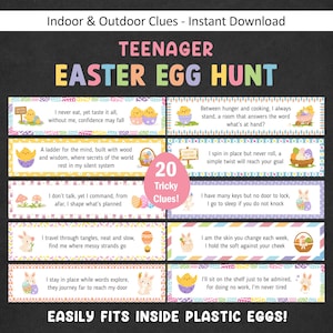 May include: A printable Easter egg hunt game for teenagers. The design features colourful clues with Easter-themed illustrations, including chicks, eggs, and bunnies. The text reads "Teenager Easter Egg Hunt" and "20 Tricky Clues!"