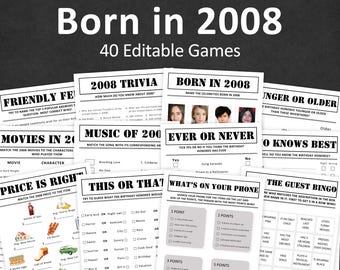 18th Birthday Games Bundle 18th Birthday Party Games 2008 Trivia Born in 2008 18 Year Old Men Women Him Her Quiz EDITABLE Instant Digital