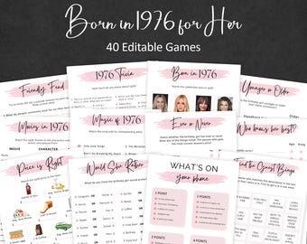 Juegos para celebrar el 50 cumpleaños de una mujer. Juegos para fiestas de cumpleaños para mujeres nacidas en 1976. Juego de preguntas y respuestas sobre 1976. Paquete de actividades digitales editables.