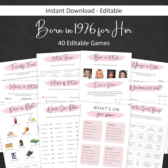 50th Birthday Games for Women 50 Birthday Party Games for Her Born in 1976 Game 1976 Trivia Quiz Activity Bundle Instant Digital EDITABLE