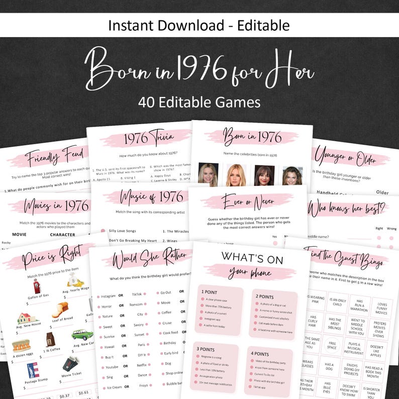 Pode incluir: Um conjunto de jogos de festa imprim&iacute;veis com um tema rosa e preto, intitulado "Born in 1976 for Her". Os jogos incluem trivia, bingo e perguntas "Would She Rather", perfeitos para uma festa de anivers&aacute;rio.