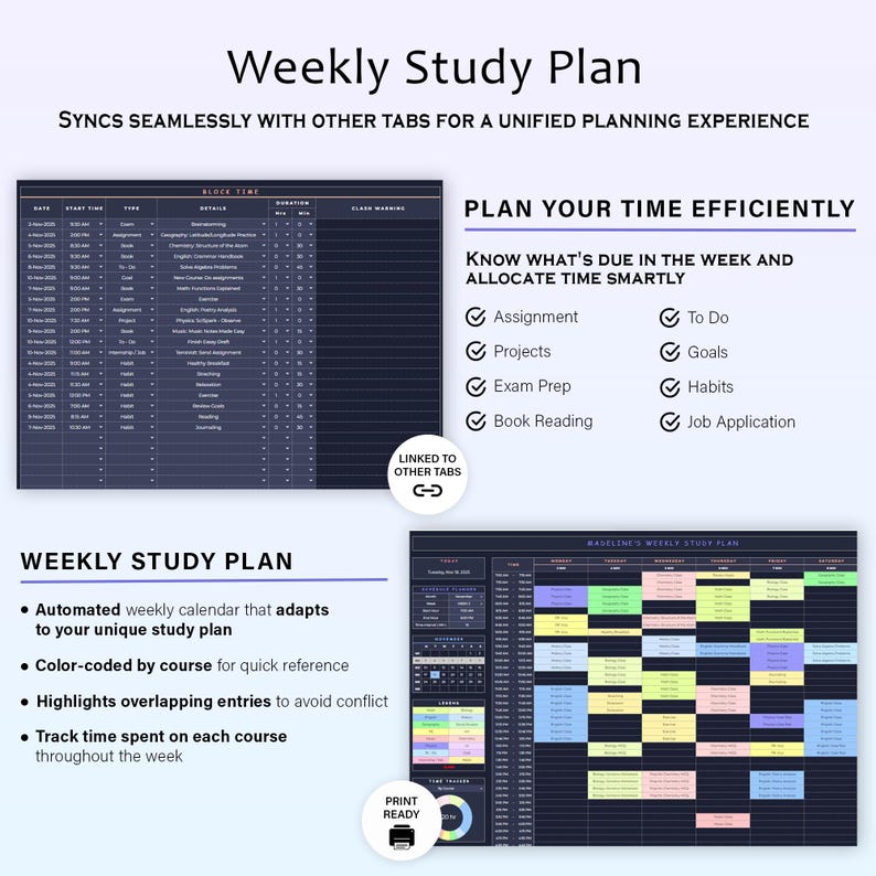 May include: A digital weekly study plan template with a dark background. The plan includes sections for assignments, projects, and goals. Text includes "Weekly Study Plan" and "Plan Your Time Efficiently."