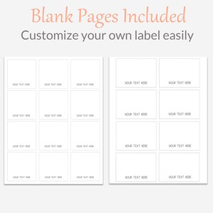 May include: A printable sheet with blank labels. The sheet is divided into 12 squares, each with the text "YOUR TEXT HERE" printed in the center. The sheet is designed for customizing labels.