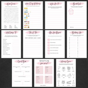 Pode incluir: Uma cole&ccedil;&atilde;o de jogos de festa imprim&iacute;veis em papel branco com detalhes em rosa. Os jogos incluem uma pesquisa de palavras, um dicion&aacute;rio de emojis, "Quem sou eu?", uma lista de desejos, "Mais prov&aacute;vel", "Conte uma hist&oacute;ria", "Corra e responda" e "Anivers&aacute;rio ABC".