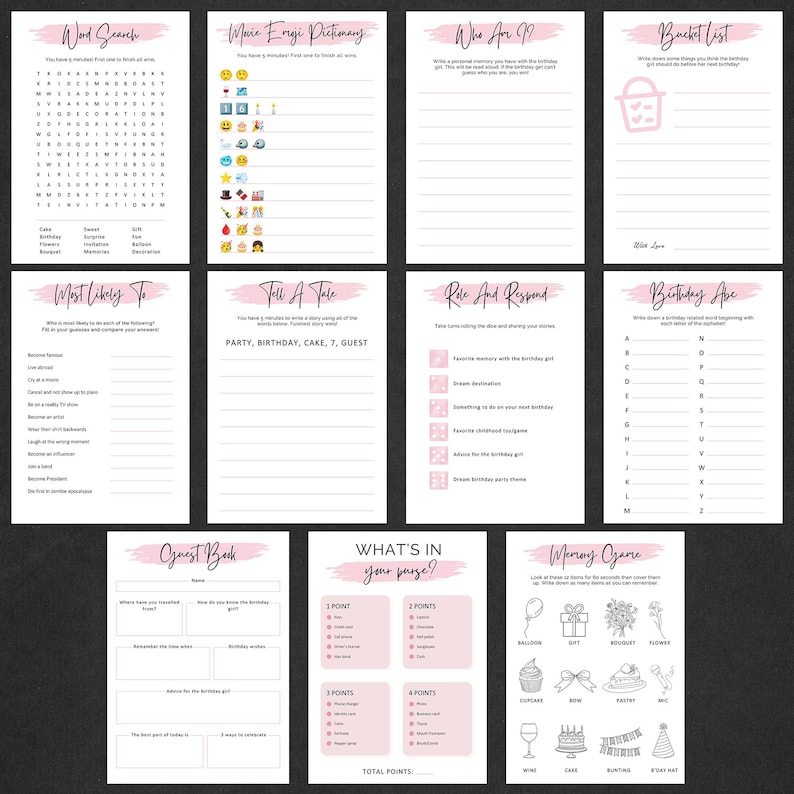 Pode incluir: Uma cole&ccedil;&atilde;o de jogos de festa imprim&iacute;veis em papel branco com detalhes em rosa. Os jogos incluem uma pesquisa de palavras, um dicion&aacute;rio de emojis, "Quem sou eu?", uma lista de desejos, "Mais prov&aacute;vel", "Conte uma hist&oacute;ria", "Corra e responda" e "Anivers&aacute;rio ABC".