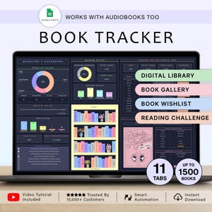 May include: A laptop screen shows a digital book tracker labelled "BOOK TRACKER." The interface includes sections for a digital library, book gallery, and reading challenge. The design features colourful charts and a graphic of a bookshelf.