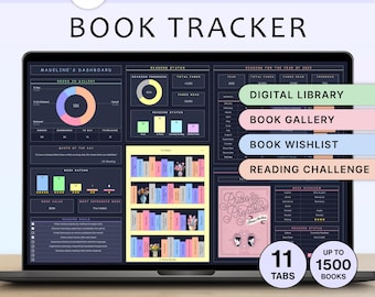Peut inclure: Un écran d'ordinateur portable affiche un suivi de livre numérique intitulé "BOOK TRACKER". L'interface comprend des sections pour une bibliothèque numérique, une galerie de livres et un défi de lecture. La conception présente des graphiques colorés et une étagère.