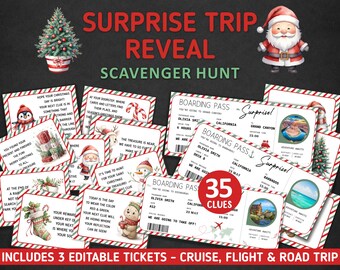 Surprise Christmas Trip Reveal Scavenger Hunt Trip EDITABLE Boarding Pass Surprise Vacation Cruise Kids Treasure Hunt Clues Secret Santa