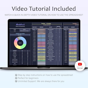 Puede incluir: Una pantalla de port&aacute;til muestra una hoja de c&aacute;lculo de bloqueo de tiempo semanal con un horario codificado por colores. La pantalla muestra el texto "Video Tutorial Included" y "Watch on YouTube". La hoja de c&aacute;lculo incluye un rastreador de tiempo por categor&iacute;a y un reloj de 24 horas.