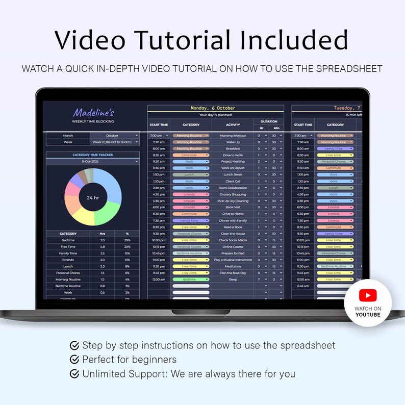 Puede incluir: Una pantalla de port&aacute;til muestra una hoja de c&aacute;lculo de bloqueo de tiempo semanal con un horario codificado por colores. La pantalla muestra el texto "Video Tutorial Included" y "Watch on YouTube". La hoja de c&aacute;lculo incluye un rastreador de tiempo por categor&iacute;a y un reloj de 24 horas.