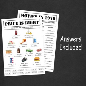 May include: Two white paper sheets with text and illustrations. One sheet is titled "PRICE IS RIGHT" and lists items with prices. The other sheet lists actors and movies from 1976. The words "Answers Included" are in the background.