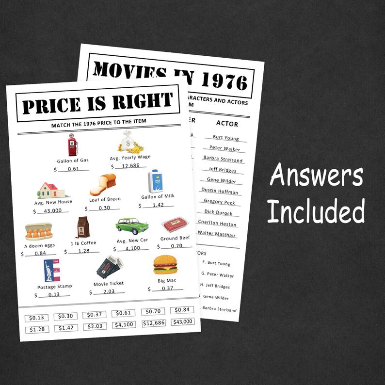 May include: Two white paper sheets with text and illustrations. One sheet is titled "PRICE IS RIGHT" and lists items with prices. The other sheet lists actors and movies from 1976. The words "Answers Included" are in the background.
