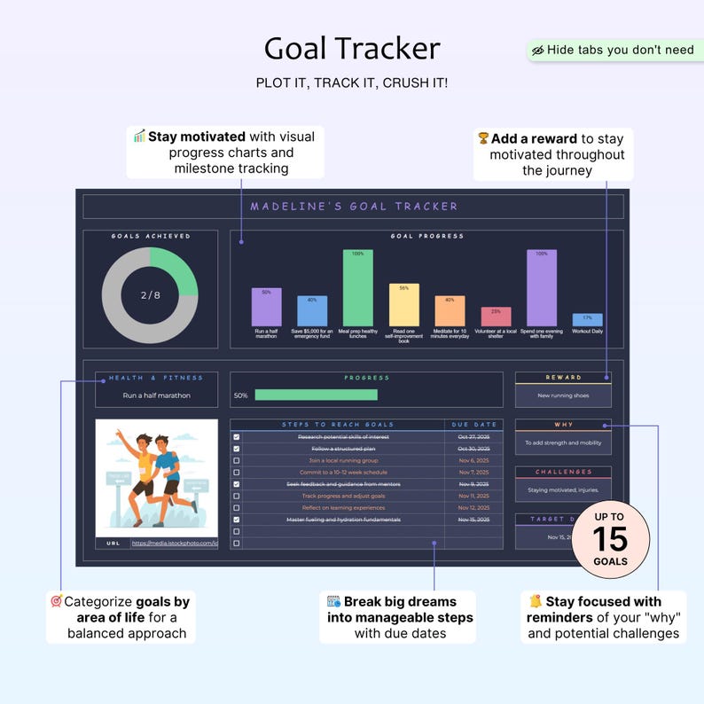 May include: A digital goal tracker titled "Goal Tracker" with the text "Plot it, track it, crush it!" The tracker includes progress charts, milestone tracking, and a section for steps to reach goals. It also features a visual of two people running.