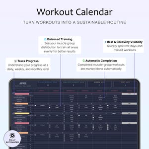 May include: A digital workout calendar interface with the title "Workout Calendar" and the tagline "Turn Workouts Into A Sustainable Routine." The interface displays a workout schedule for April, with sections for tracking progress, balanced training, and automatic completion.