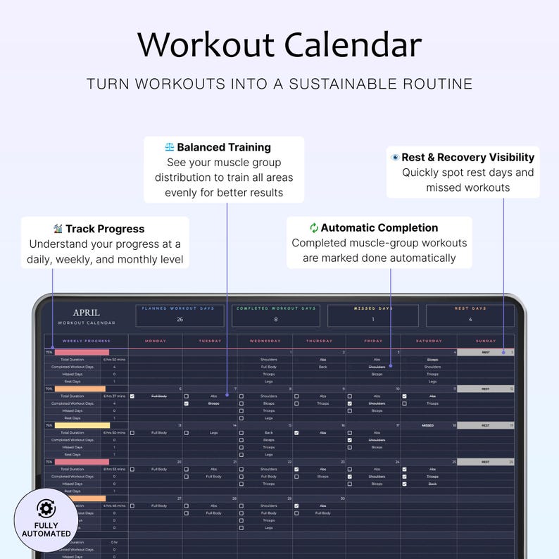 May include: A digital workout calendar interface with the title "Workout Calendar" and the tagline "Turn Workouts Into A Sustainable Routine." The interface displays a workout schedule for April, with sections for tracking progress, balanced training, and automatic completion.