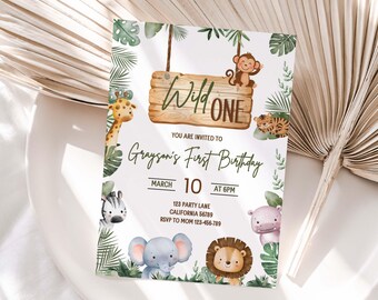 Wild One Birthday Invitation Wild One Invitation Safari First Birthday Invite Jungle  Animals 1st Birthday Party Theme Boy EDITABLE S05