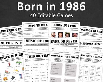 40th Birthday Games Bundle 40th Birthday Party Games 1986 Trivia Born in 1986 40 Year Old Men Women Him Her Quiz EDITABLE Instant Digital