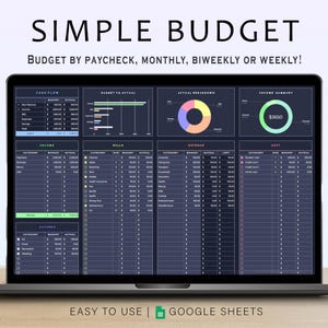 Op de afbeelding: Een laptopscherm met een digitale budgetsjabloon. Het scherm heeft een donker thema met verschillende grafieken en tabellen voor het bijhouden van inkomsten, rekeningen en uitgaven. De tekst bovenaan luidt "SIMPLE BUDGET" en "BUDGET BY PAYCHECK, MONTHLY, BIWEEKLY OR WEEKLY!" De onderkant van het scherm zegt "EASY TO USE | GOOGLE SHEETS".